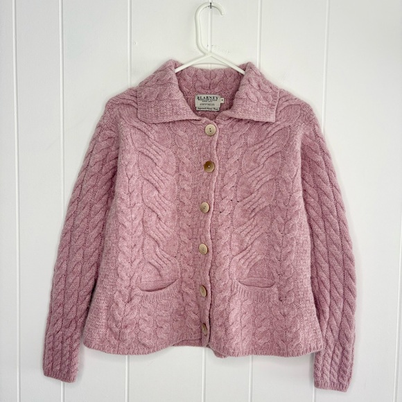 Blarney Woollen Mills Pink Cable Knit Merino Wool Cardigan Sweater Ireland Med - Picture 1 of 7